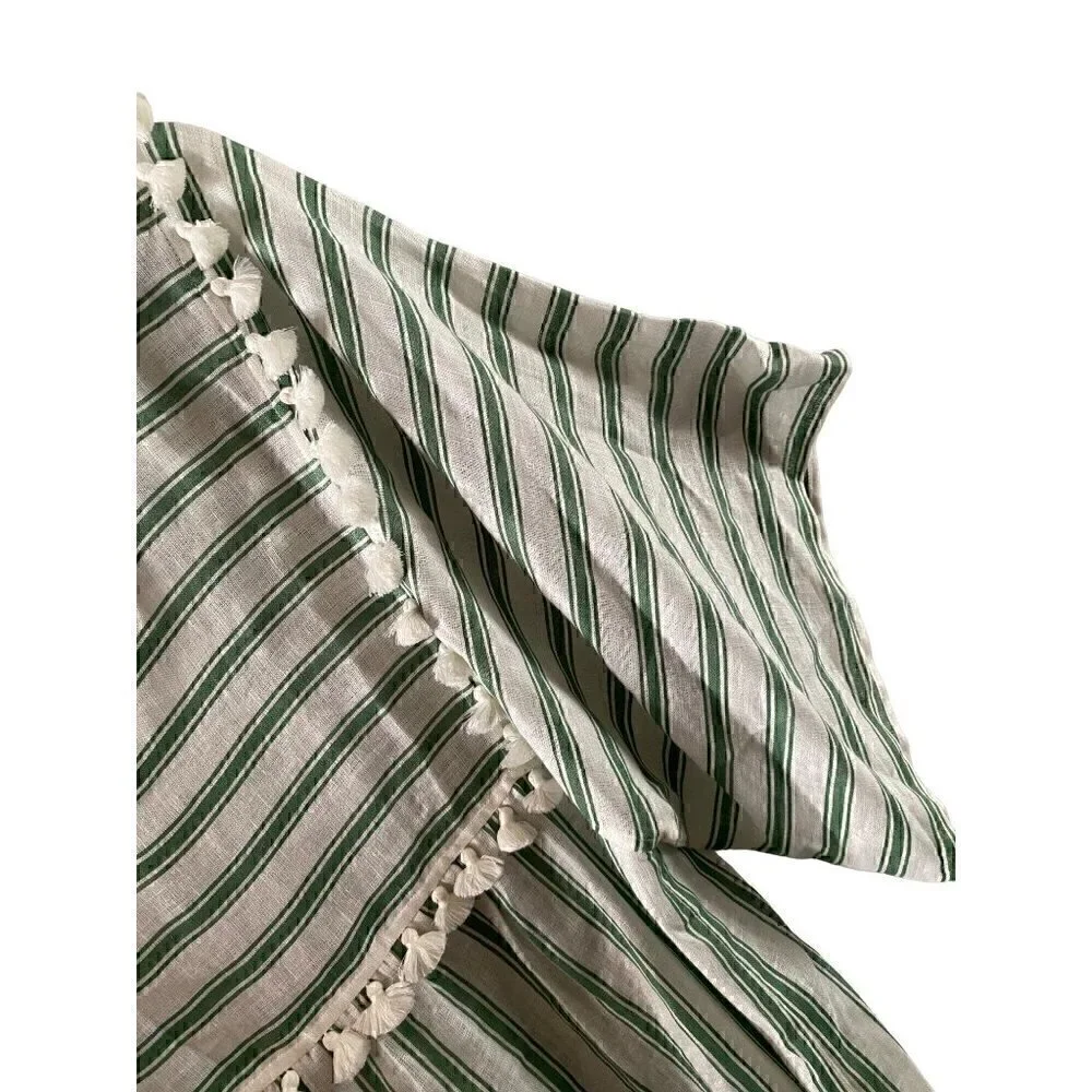 Tory Burch Striped Linen Caftan Size Small Midi Green White Tassels Swim coverup